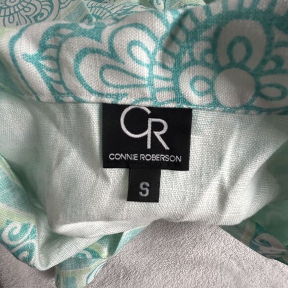 Connie Roberson Turquoise & White Floral Linen Button-Down Tunic Top Small - Picture 4 of 11
